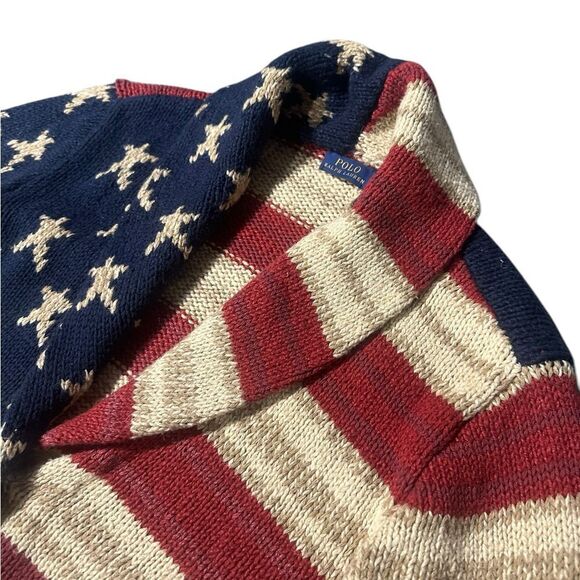 Ralph Lauren Polo Flag Cardigan Sweater Shawl Collar Americana Vintage Knit L - Picture 6 of 16